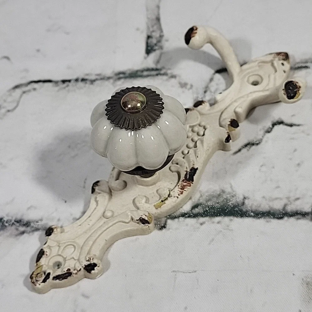 Cast Iron Metal Single Hook Hanger Ceramic Knob Decorative White
